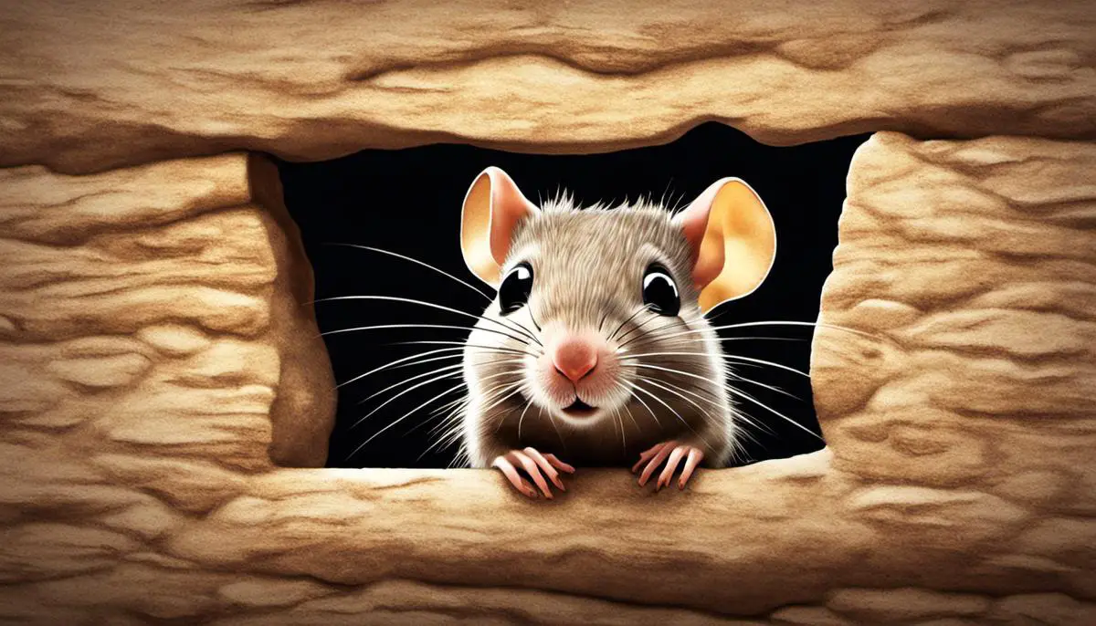 A cartoon image of a rodent peeking its head out of a hole in the wall.