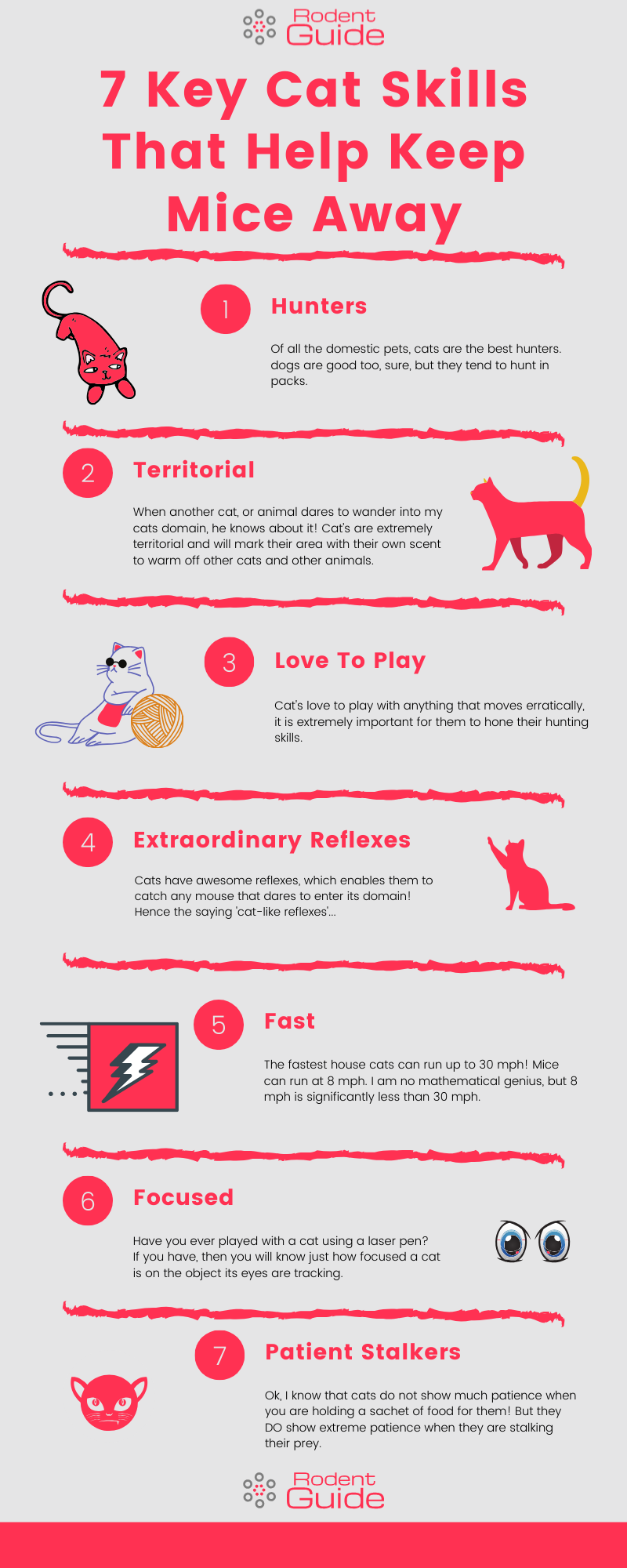 Infographic that shows 7 key skills that cats have to keep mice away