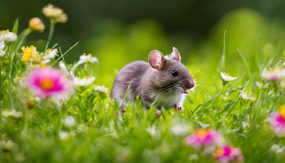 A picture of a mouse in a field of green grass surrounded by flowers