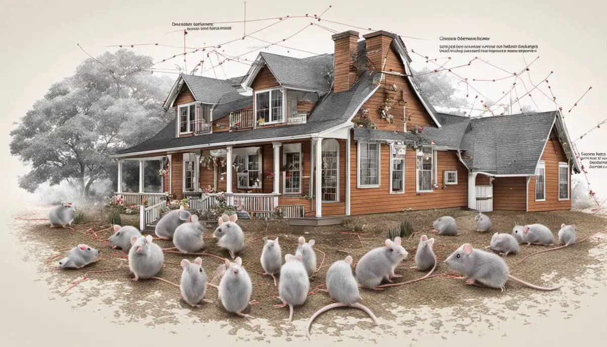 Image of mouse infestation showing mice and a house with dashed lines indicating points of entry for mice.