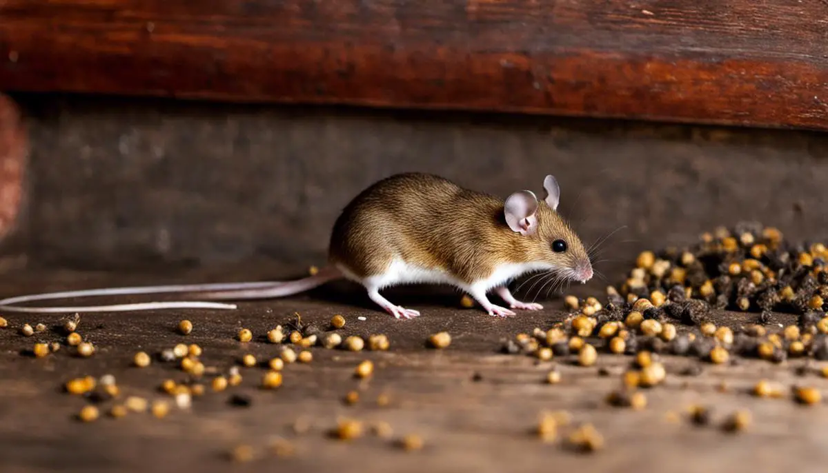 Picture of mouse droppings, gnaw marks, and mouse nest material, indicating a mouse infestation in a home