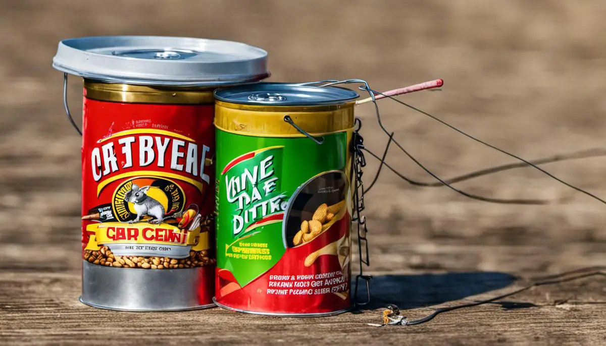 A picture of a DIY mouse trap made with a bucket, wire hanger, peanut butter, and a soda can.