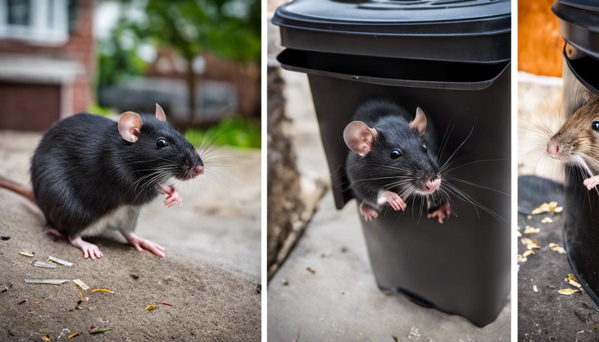 Image of various rat deterrents, including peppermint oil, predator odor granules, ammonia, sound deterrent device, steel wool, hot pepper flakes, and clean surroundings with secure lids on trash cans.